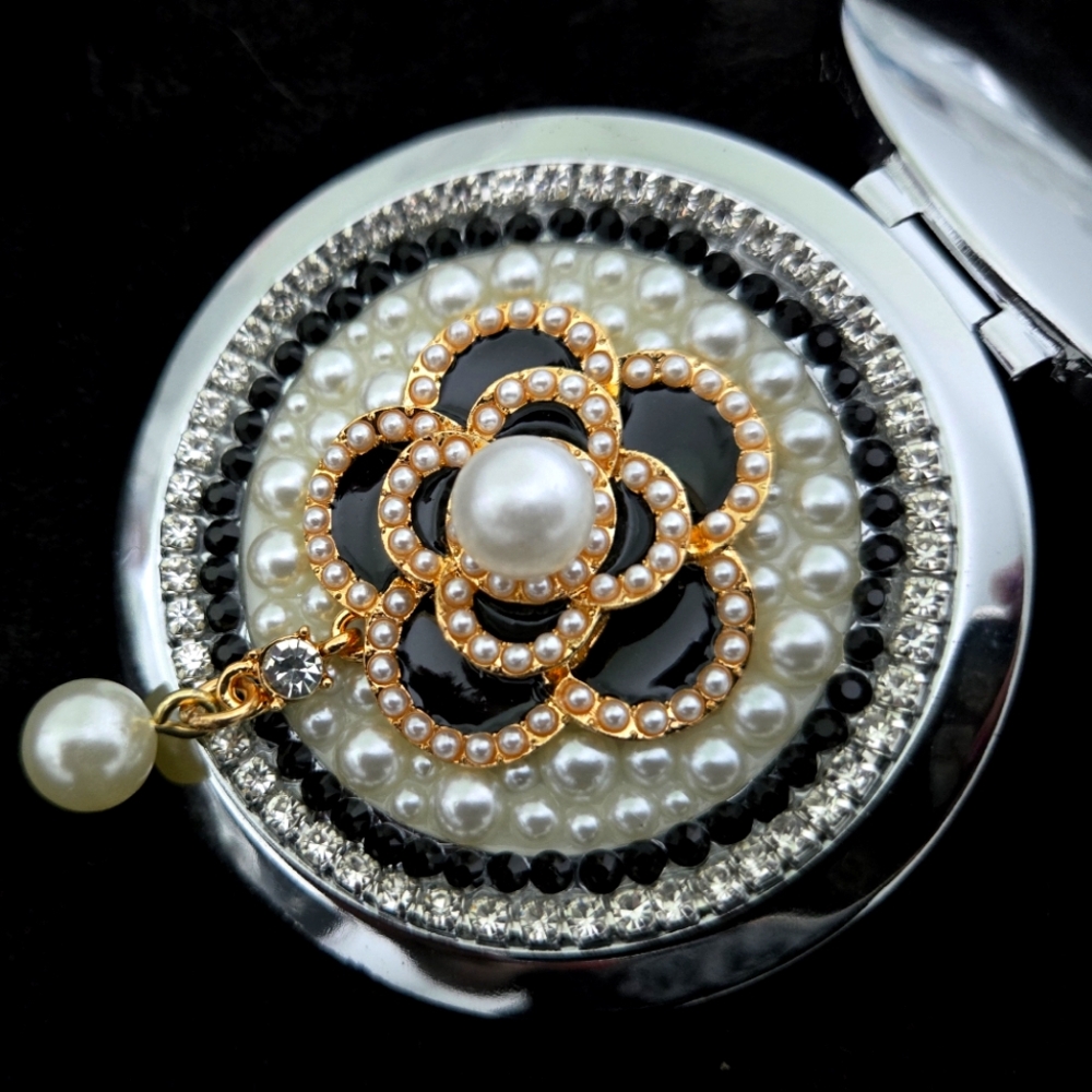 Camilla Flower Compact Mirror Black Gold & White Crystal and Pearls Silv…
